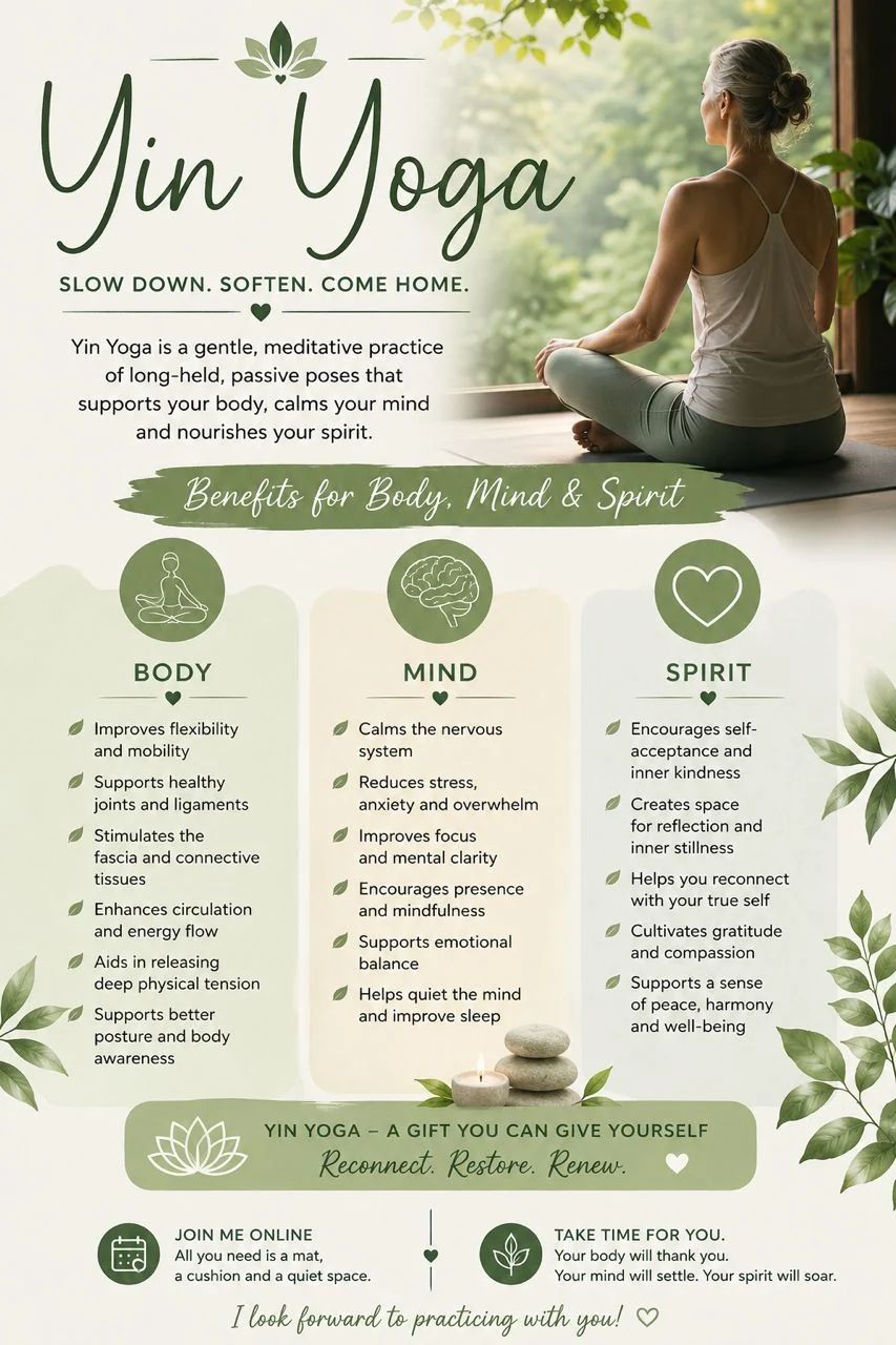 Yin Yoga overview describing the gentle meditative practice and benefits for body, mind and spirit